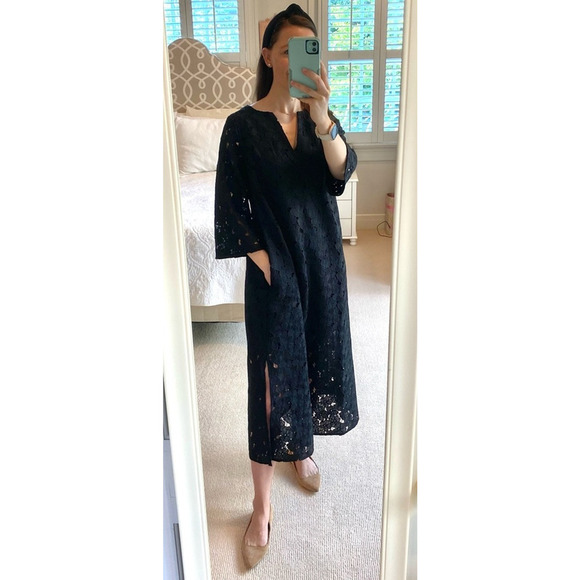 Tuckernuck Black V-Neck Floral Lace Eyelet Jamie Midi Kaftan Shift Dress XS - Picture 8 of 15